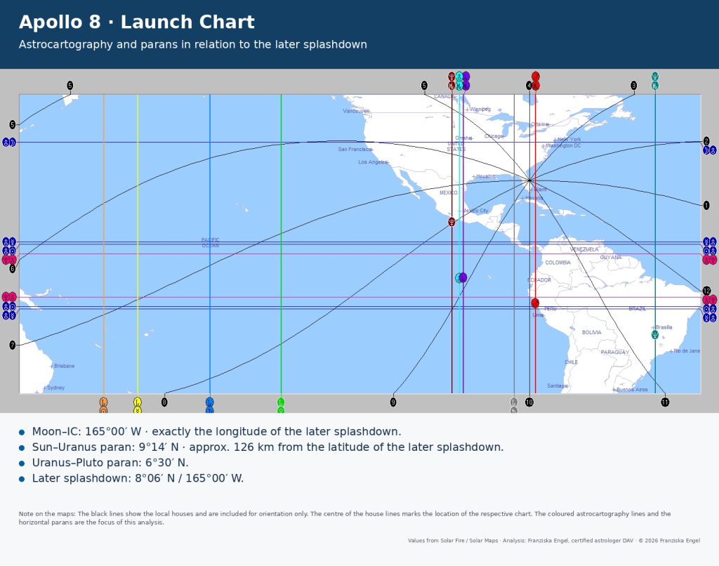 Apollo 8 launch chart with astrocartography lines and parans in relation to the later splashdown location.