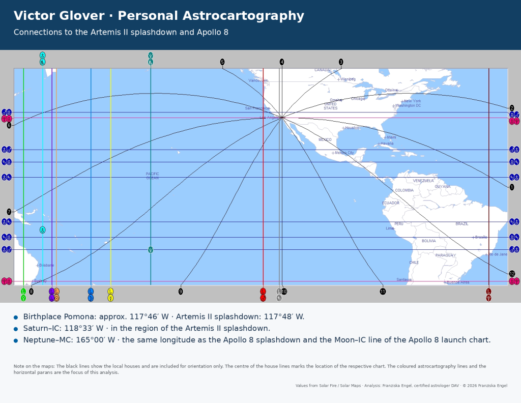 Victor Glover’s personal astrocartography showing connections between his birthplace, the Artemis II splashdown location and the Apollo 8 splashdown longitude.